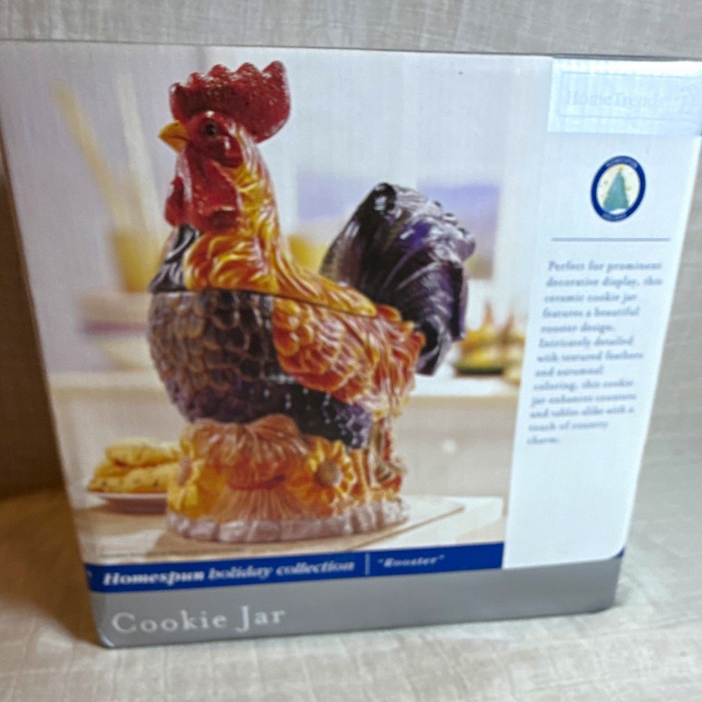 HomeTrends Homespun Holiday Rooster Cookie Jar w/ Lid Ceramic Multicolor